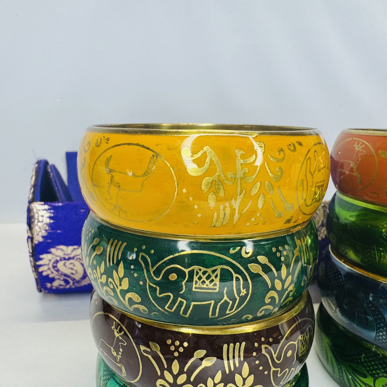 Floral Motif Bangle Bracelets Set of 8 with Case Orange Yellow Blue Green Brown