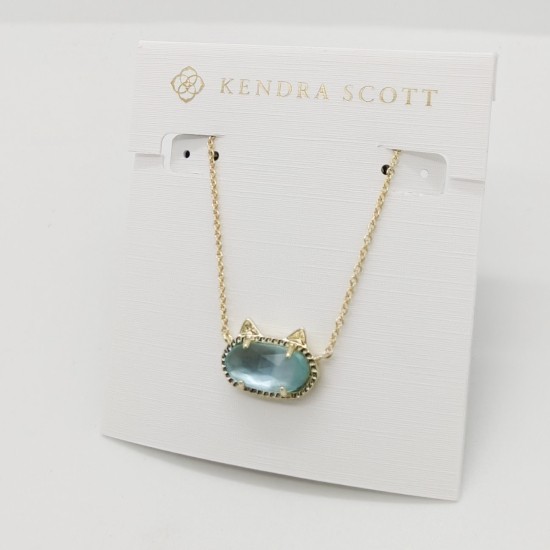 New Kendra Scott Elisa Gold Cat Kitty Pendant Necklace In Light Blue Illusion