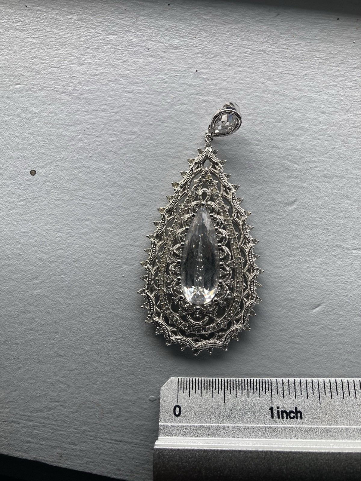 Big, Ornate Wedding Cocktail Party Teardrop Silver Pendant. Gem. Clip Bale.