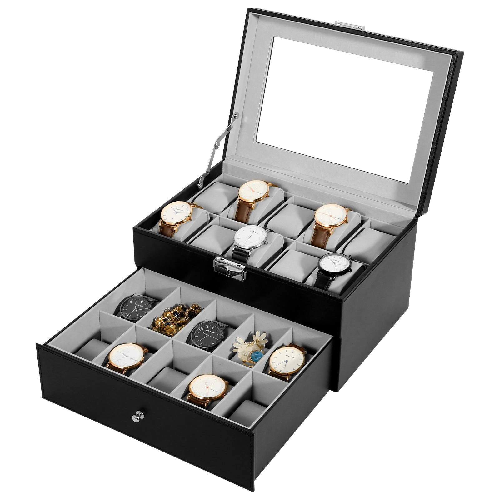 20 Slots Watch Box PU Leather Watch Case Lockable Jewelry Storage Display Case