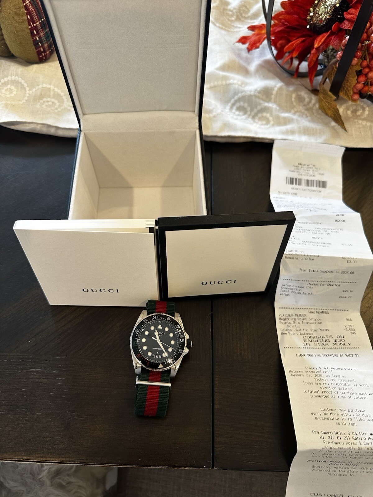 GUCCI Dive 45MM Black Matte Dial Green Red Web Nylon Watch YA136209A