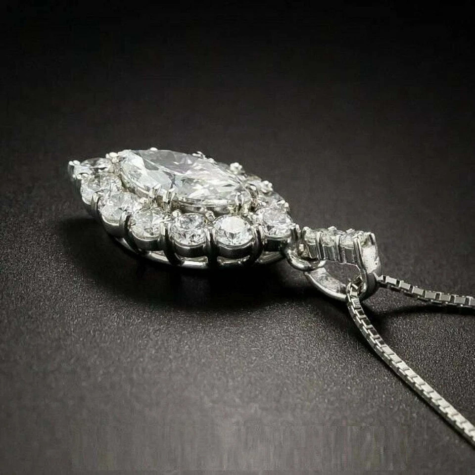 3 Carat Marquise Cut VVS1 Diamond Halo Pendant Necklace 14K White Gold Finish