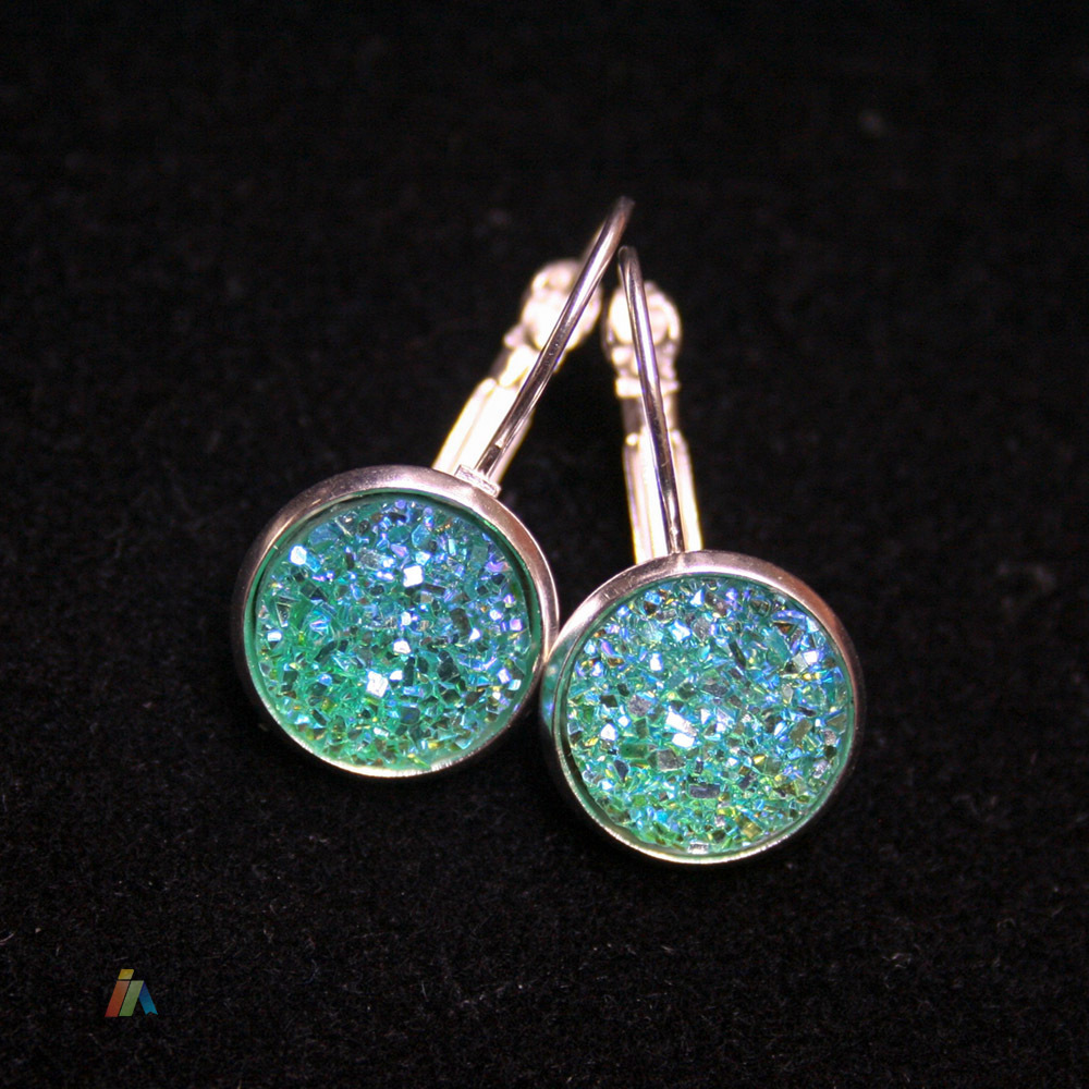 925 SILVER STAMPED EARRINGS & SPARKLY RESIN DRUZY CABOCHON 24X12mm LEVER BACK