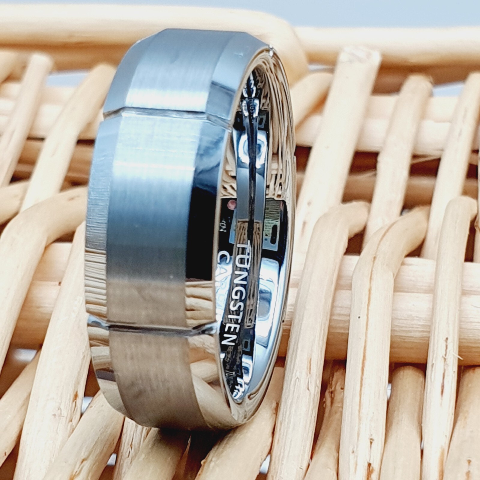 High Polished Beveled Edges Men’s Wedding Band Tungsten Ring Satin Brushed Ring