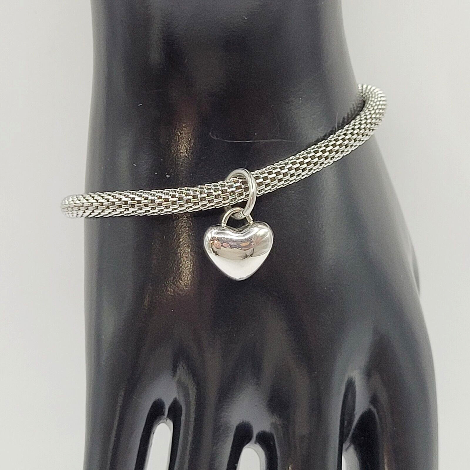Puffy Heart Polished Charm Dangle on Silver Tone Stainless Mesh Bracelet 7 Inch