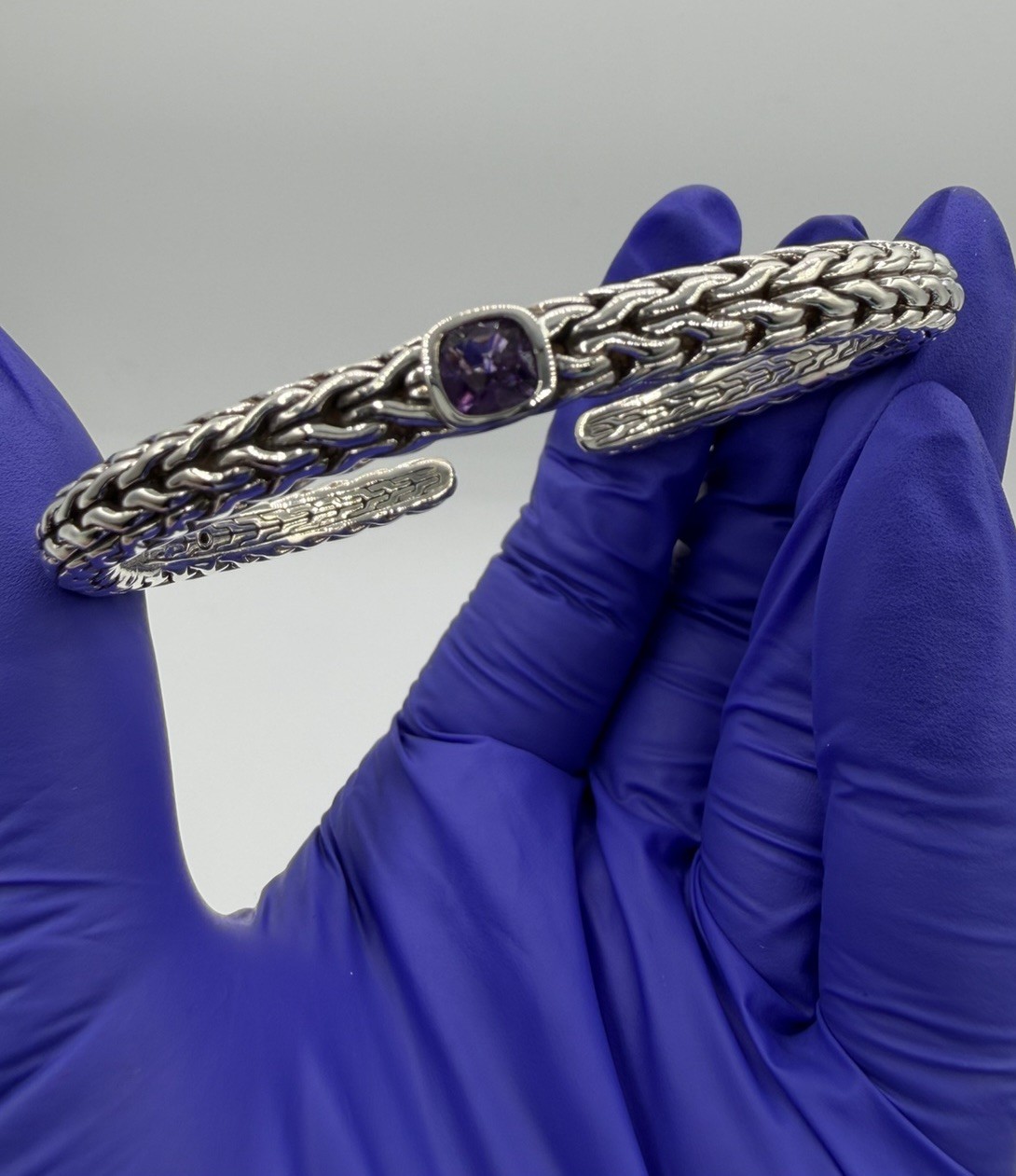 John Hardy 925 Sterling Silver & Purple Amethyst Cuff Bracelet 6.3mm 27.8g Sz 7