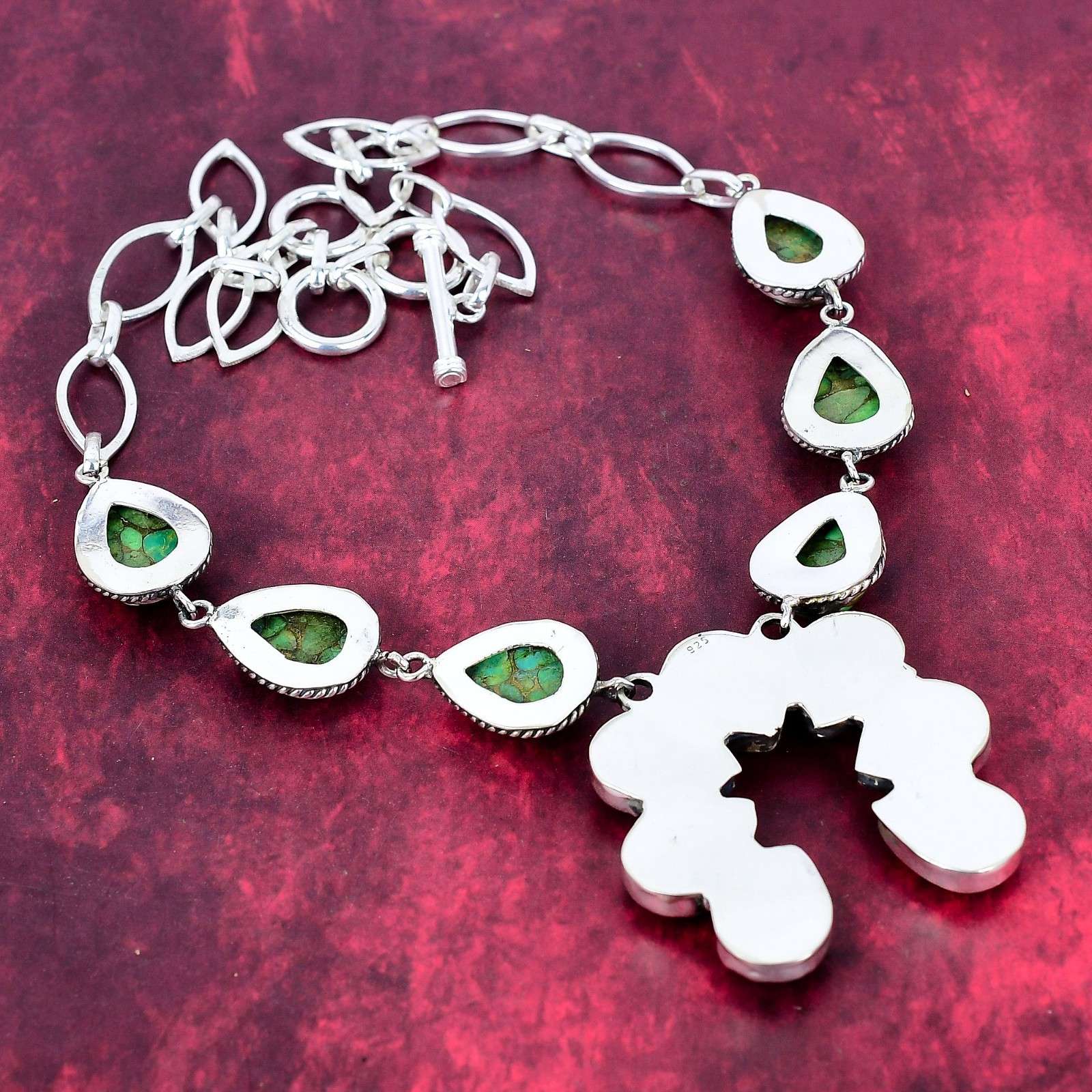 Green Copper Turquoise Gemstone Handmade 925 Solid Silver Necklace Jewelry