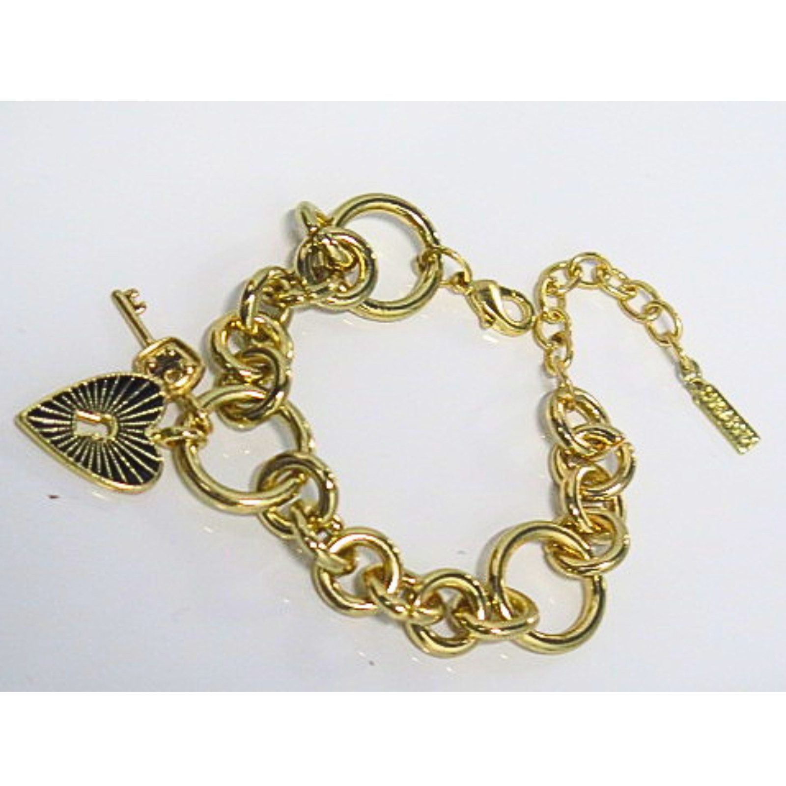 Gold Tone Heart Lock & Key Charm Link Bracelet Adjustable Lobster Clasp