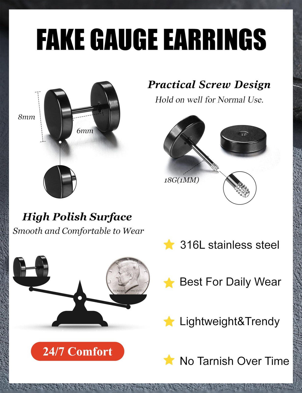 6 Pairs Stainless Steel Black Stud Earrings for Men Women Faux Gauges Ear Tunnel