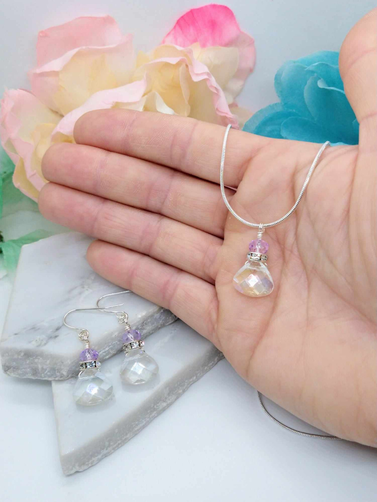 Crystal Teardrop Pendant Silver Snake Chain Necklace 18 Inch, Ladies Fashion