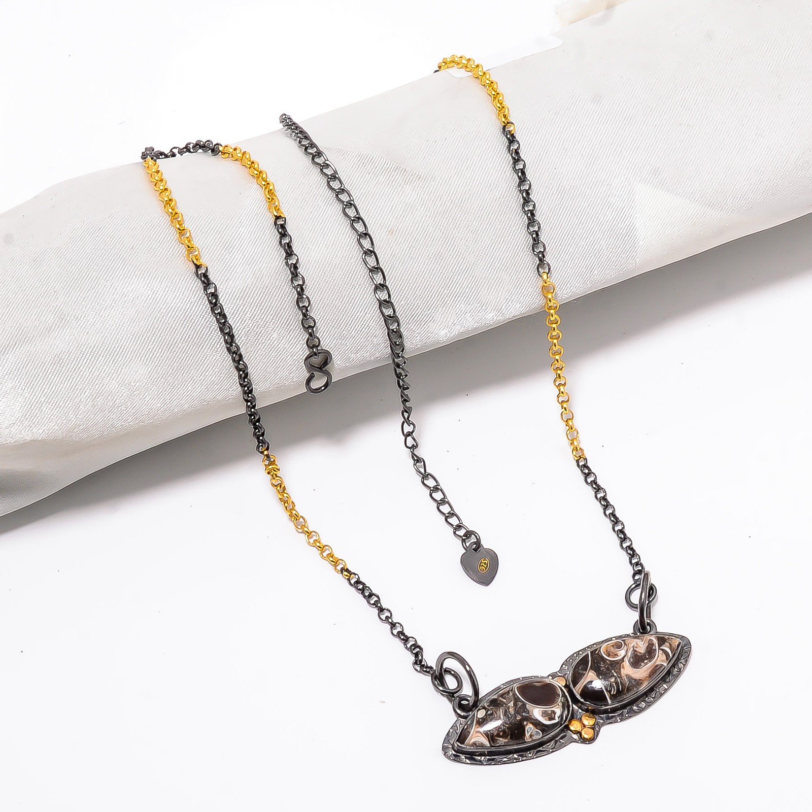 Turritella Agate Black & Gold Rhodium 925 Silver Chain Pendant 18-22″ Cp10468118