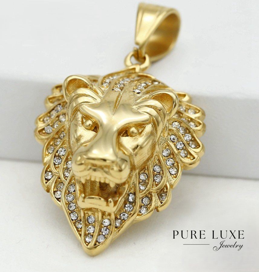 Men’s Stainless-Steel Lion Head CZ Iced 60mm Pendant,Hip Hop Gold Plated + Box