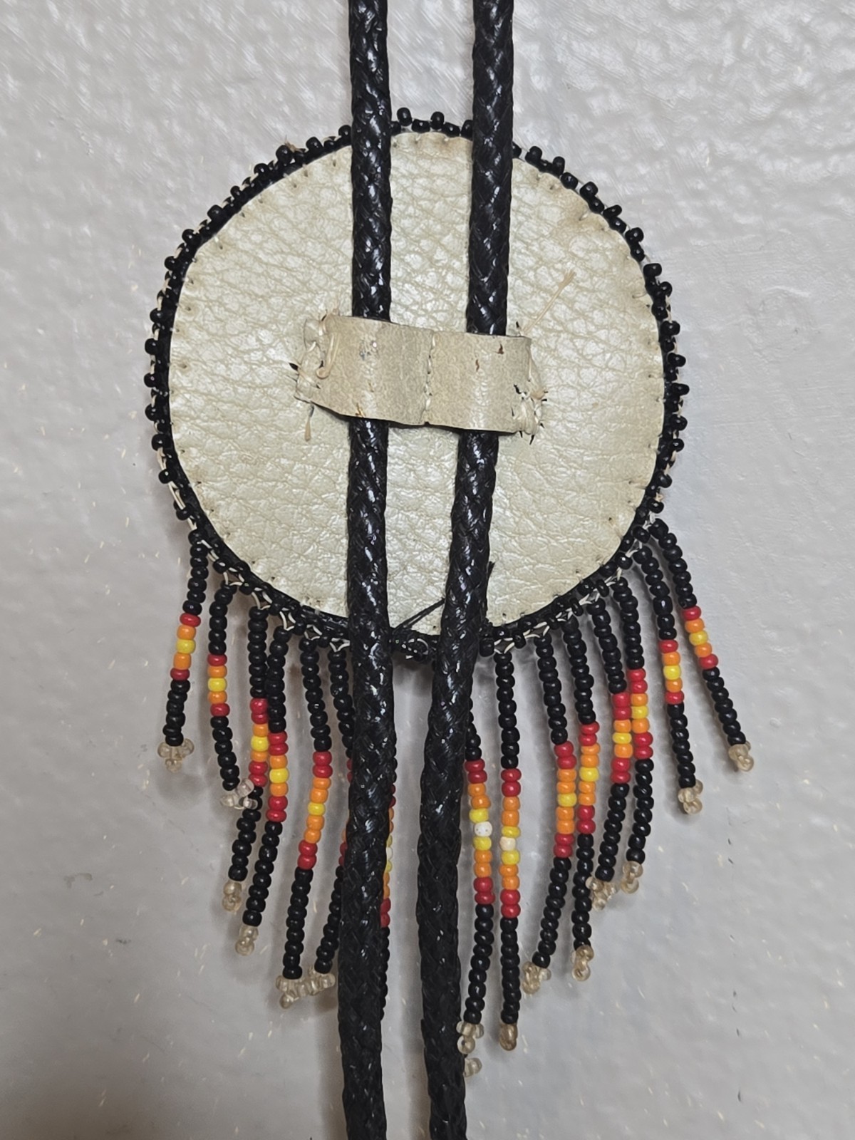 Native American Beaded Necklace Bolo Tie Black Yellow Red Orange Seed Beads 16″