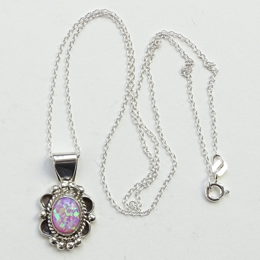 Navajo Pendant Necklace Simulated Pink Lab Opal 18” Chain Hallmarked Sterling