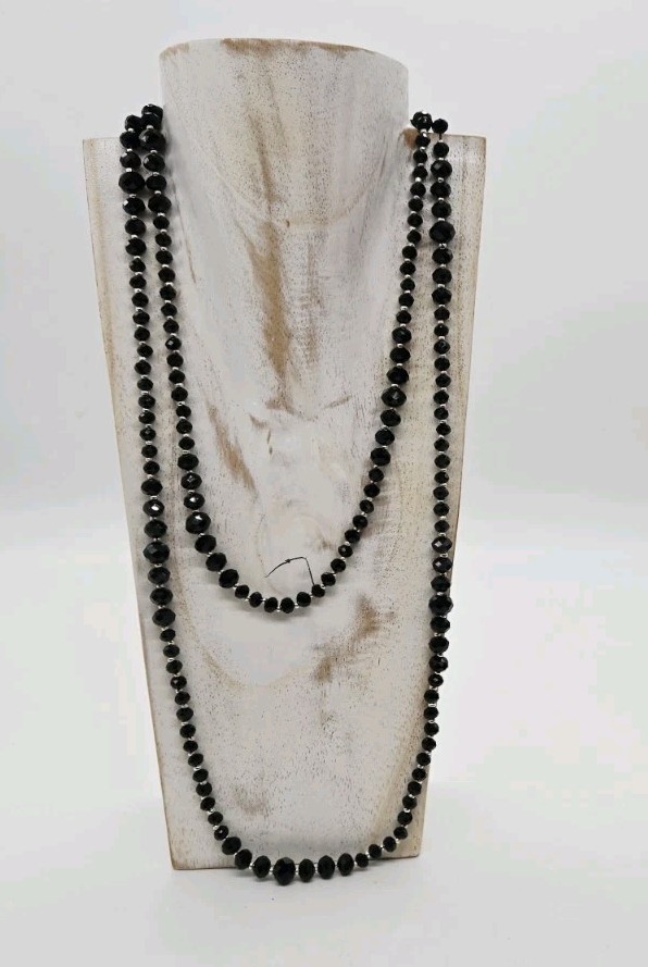 White House Black Market WHBM Silver tone Black Beaded Necklace 52 in Disco