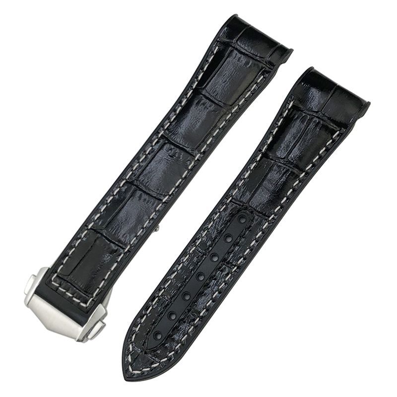 Fits Omega Semaster Planet Ocean 600 Black Leather Strap Rubber Lining Band 21mm
