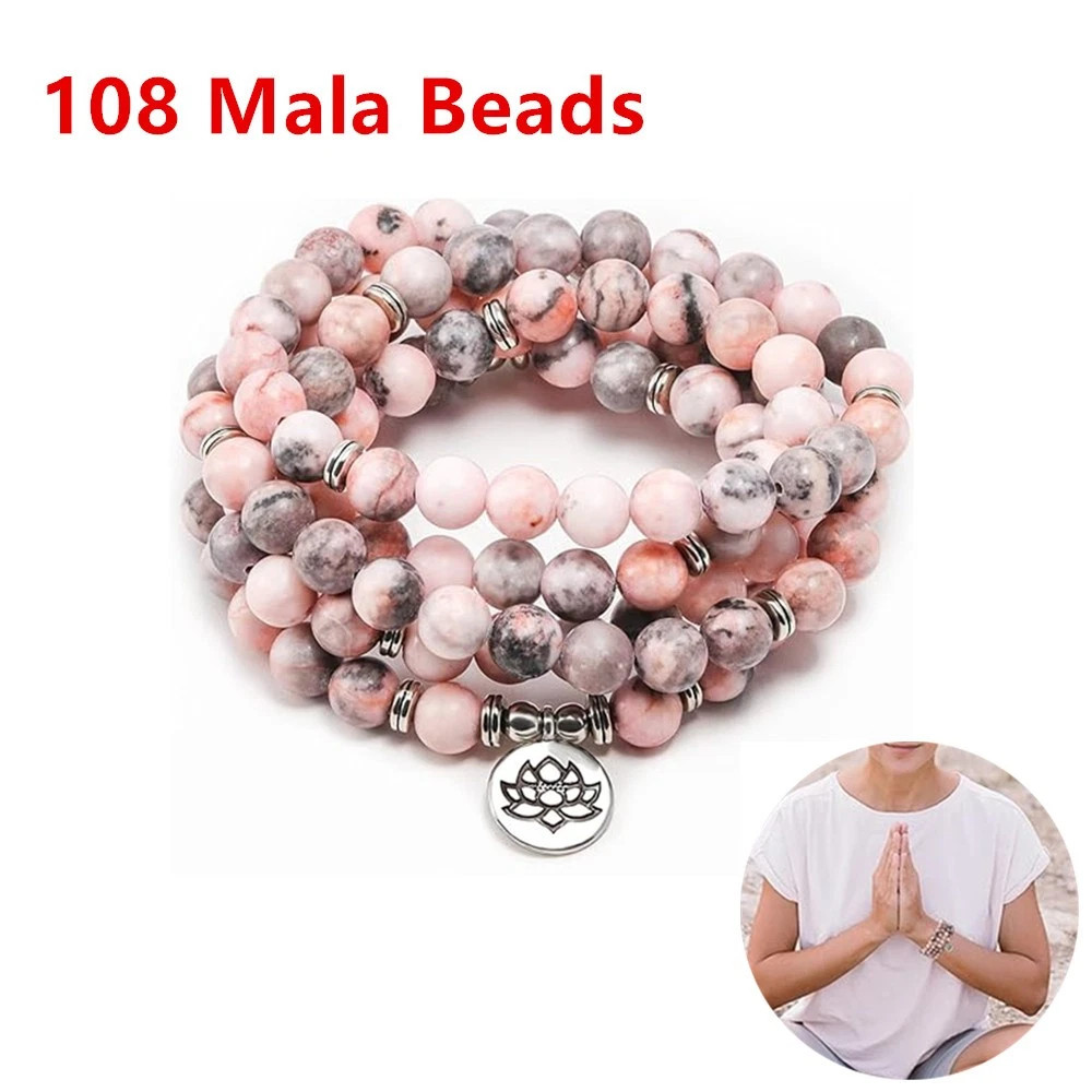 108 Mala Beads Wrap Bracelet Necklace 8mm Yoga Stretch Natural Stone Lotus Charm
