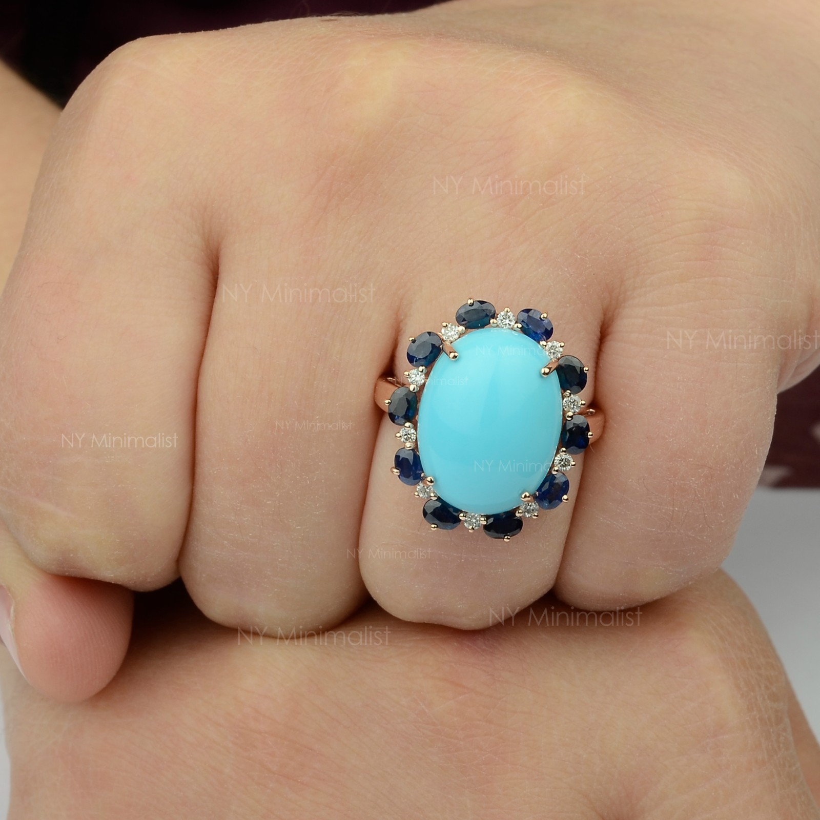 14K Solid Gold Genuine Oval Turquoise Blue Sapphire and Diamond Engagement Ring