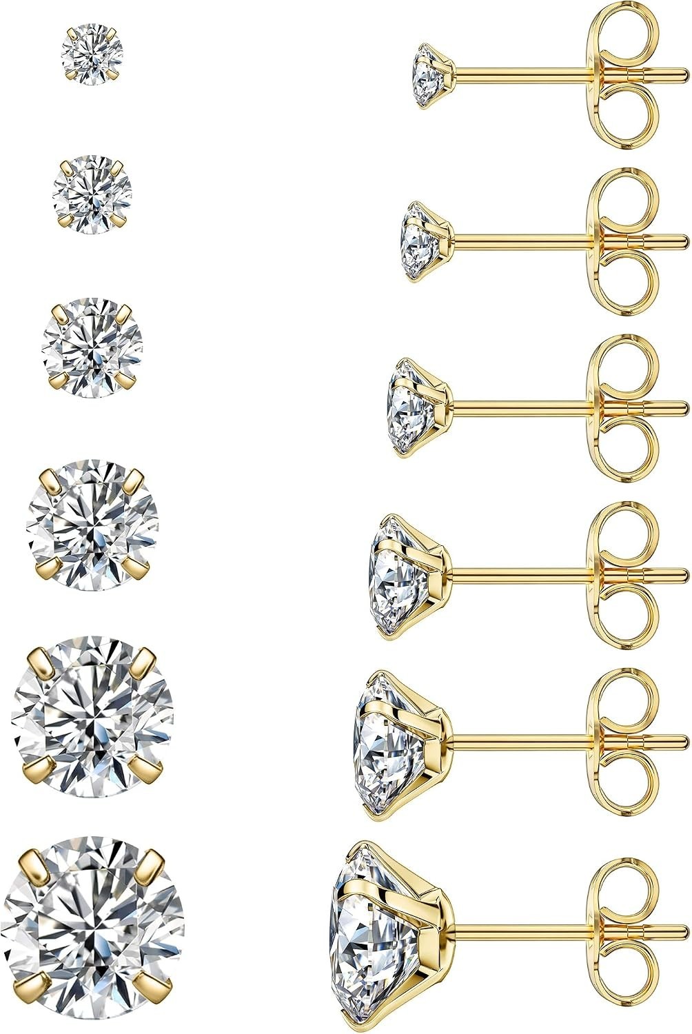 Set of 6 Pairs Hypoallergenic Cubic Zirconia Stud Earrings – Elegant Sizes 3-8mm