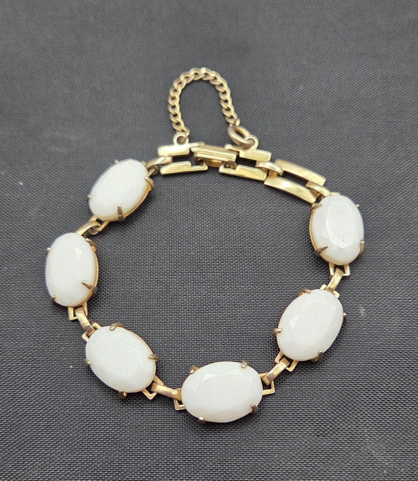 Vintage White Milk Glass Faceted Cabochon Bracelet Gold Tone with Safety Chain