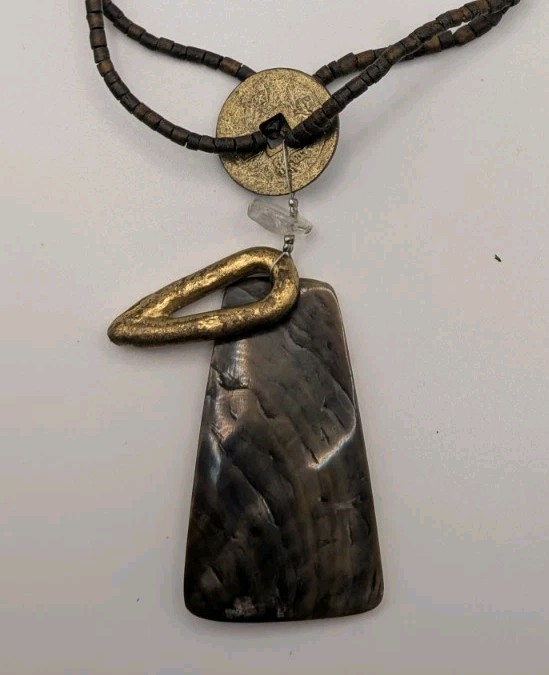 Multi-Strand Brown Beaded Necklace Trapezoid Shell Pendant Quartz/Brass/Coin