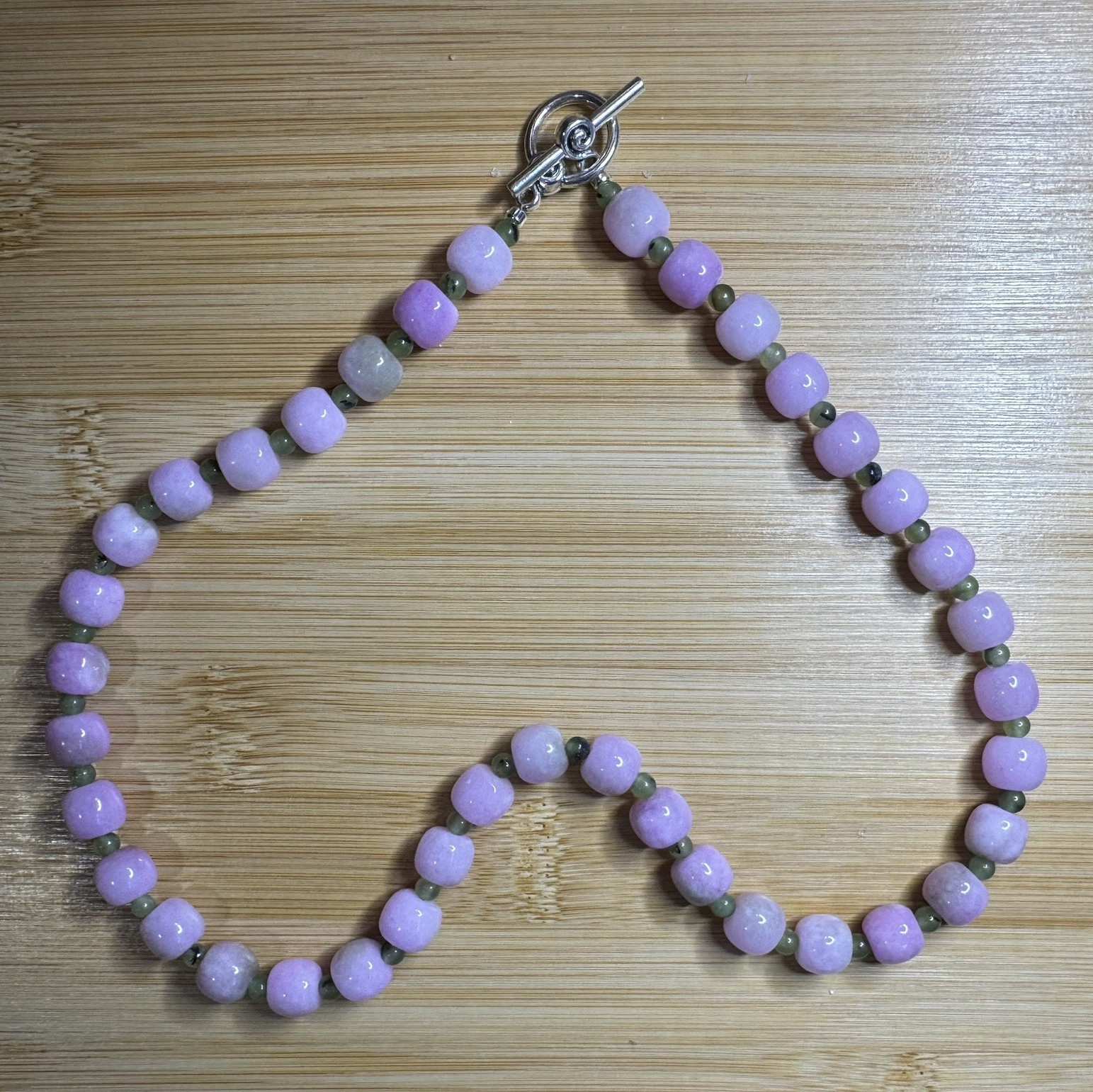 Pink&Green Quartzite Beaded Necklace, Toggle Clasp 20in length