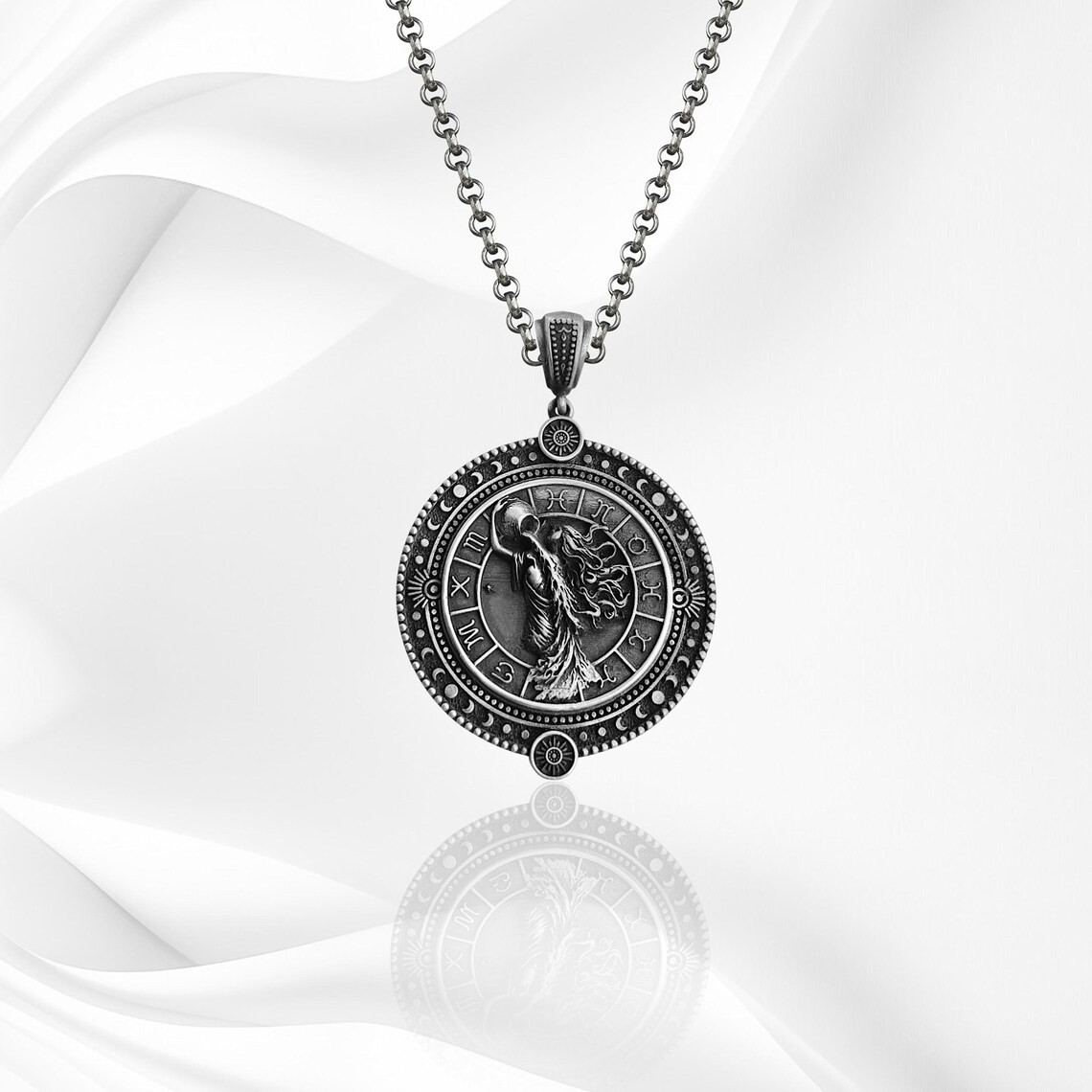 Aquarius Zodiac Oxidized 925 Sterling Silver Pendant Necklace Duty Free