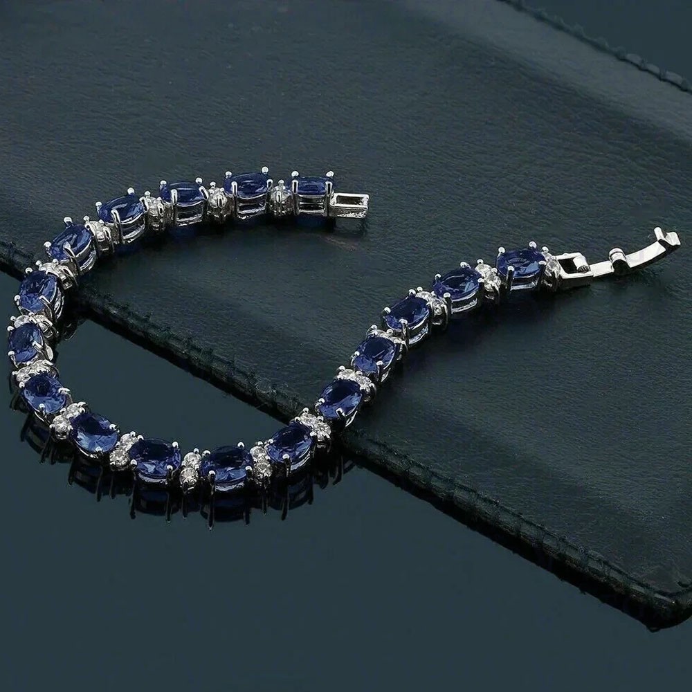 11Crt Oval Cut Natural Sapphire & Diamond Tennis Bracelet 18k White Gold Filled