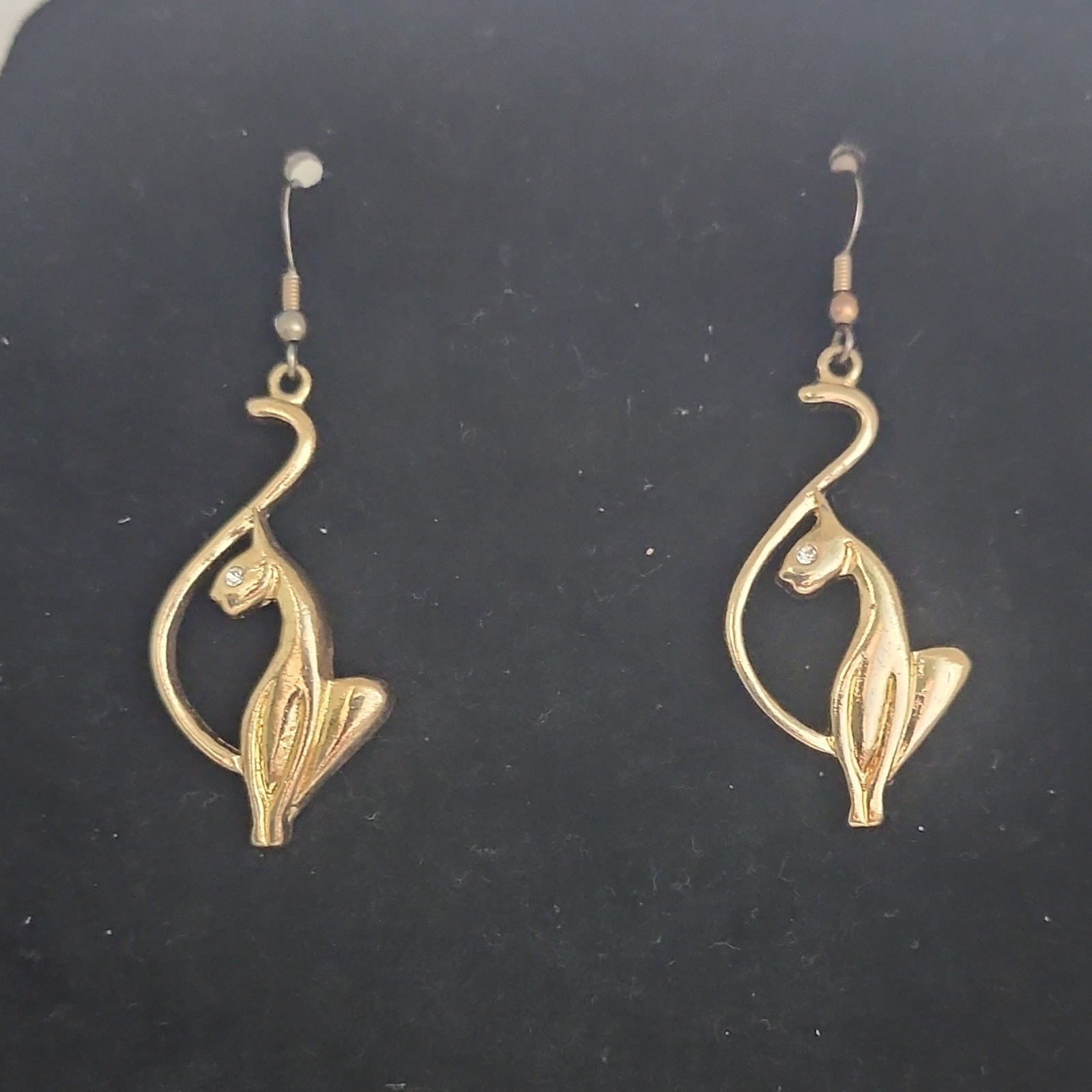 Gold Tone Cat Dangle Drop Hook Earrings Metal Animal Theme Lobe Pair