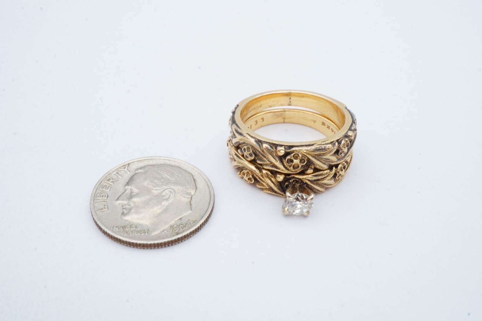 Vintage 14k Yellow Gold 0.25 CT Diamond Wedding Ring Set Size 5 ArtCarved Flower