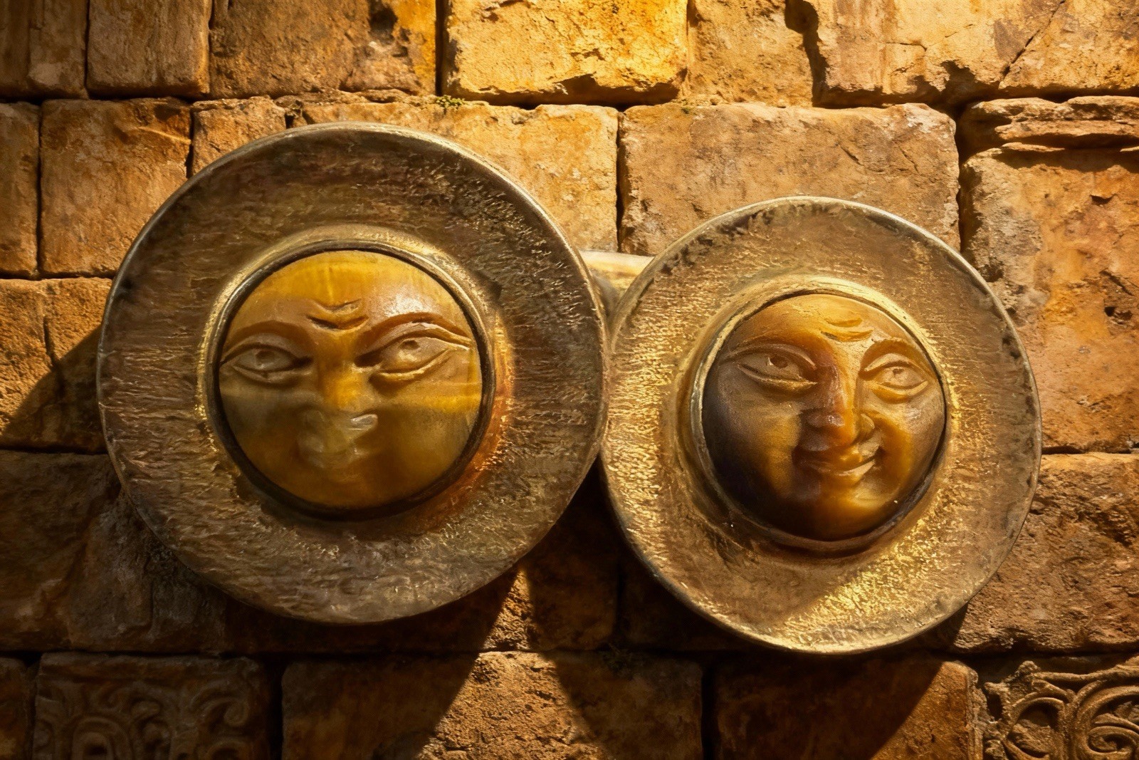 Cufflinks 1950’s Carved Tiger’s Eye Stone “Man in the Moon” or Sun Face Motif