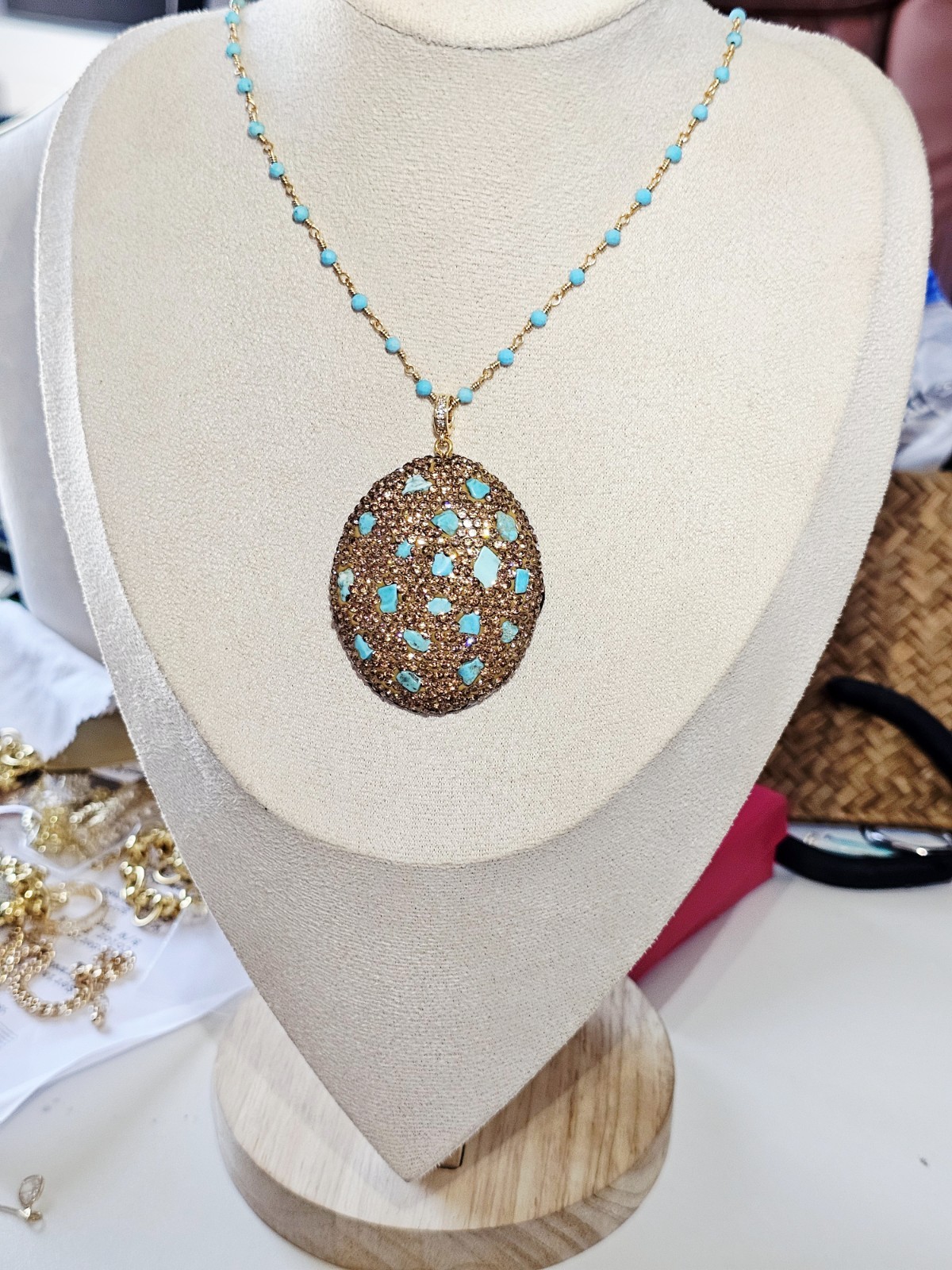 Adina Eden Sparkling Turquoise Pendant Brown Micro-pave CZ 30 Inch Necklace
