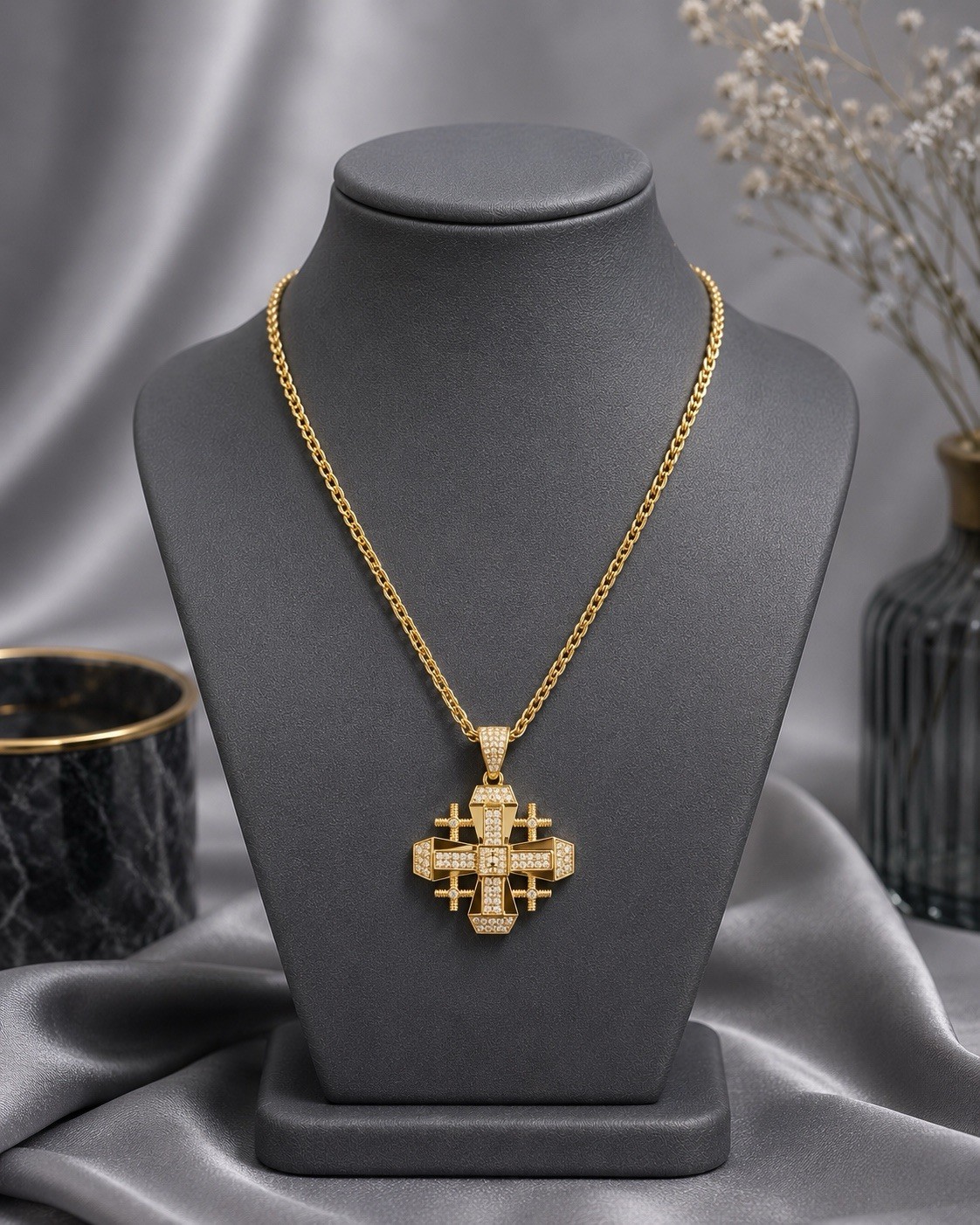 Yellow Gold Plated Curb Chain Cross Charm Necklace Clear Rhinestone Pavé