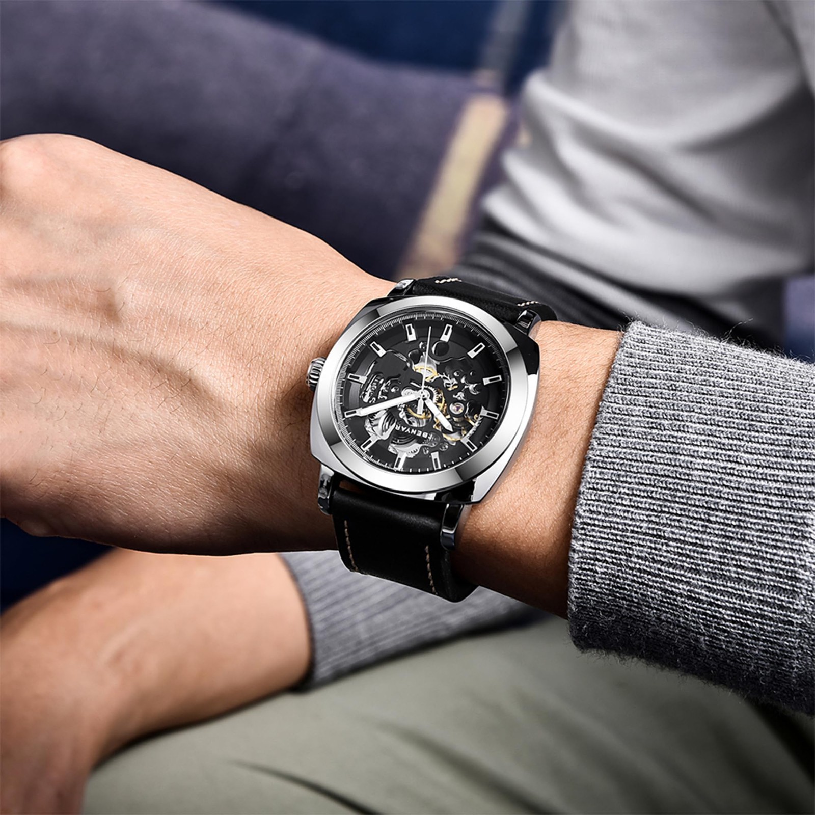 Automatic Watches for Men | Skeleton Mechanical Leather Strap Mens Watch | 45…