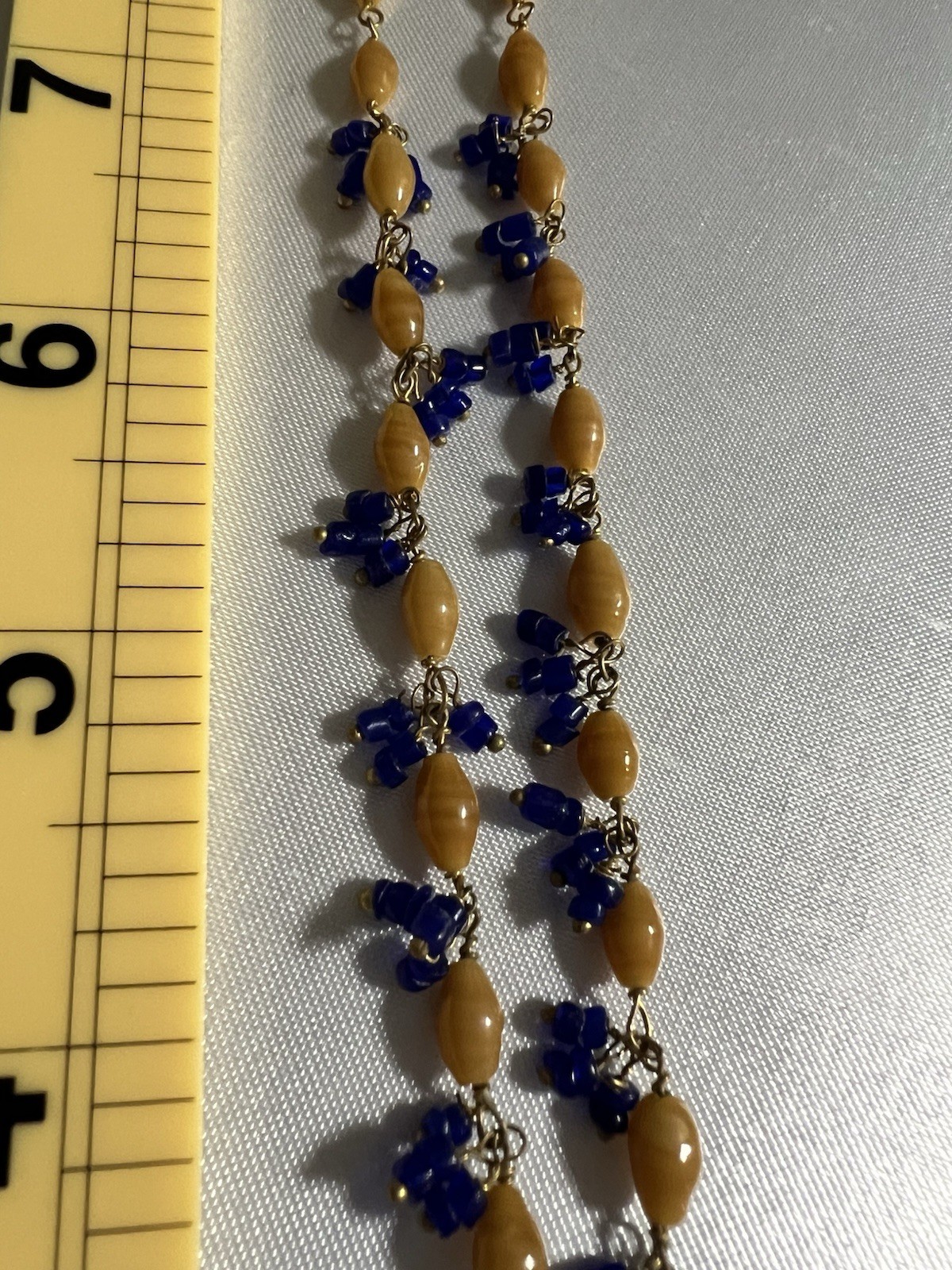 Vintage Mid Century Czech Glass Y Necklace Cobalt Blue Caramel Drop 25″