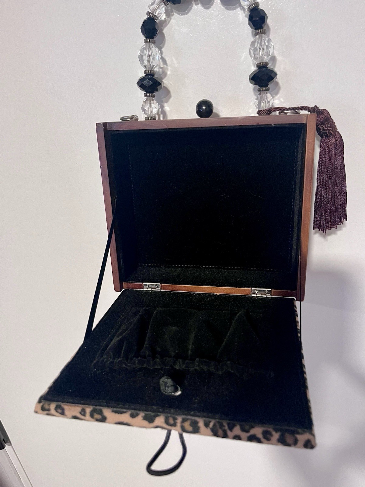 Leopard Theme Wooden Jewelry Box, Lined Rectangular Ring Storage, Brown/Black