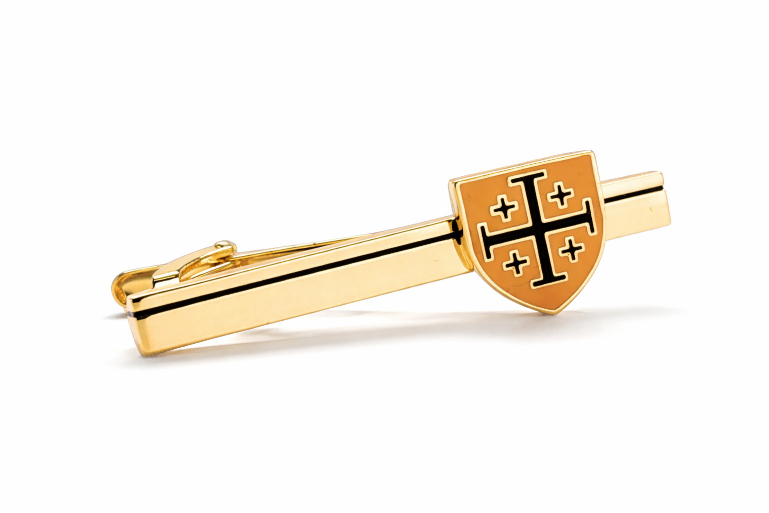Jerusalem Cross Shield Tie Clip Gold and Black Christian Religious Tie Bar Men