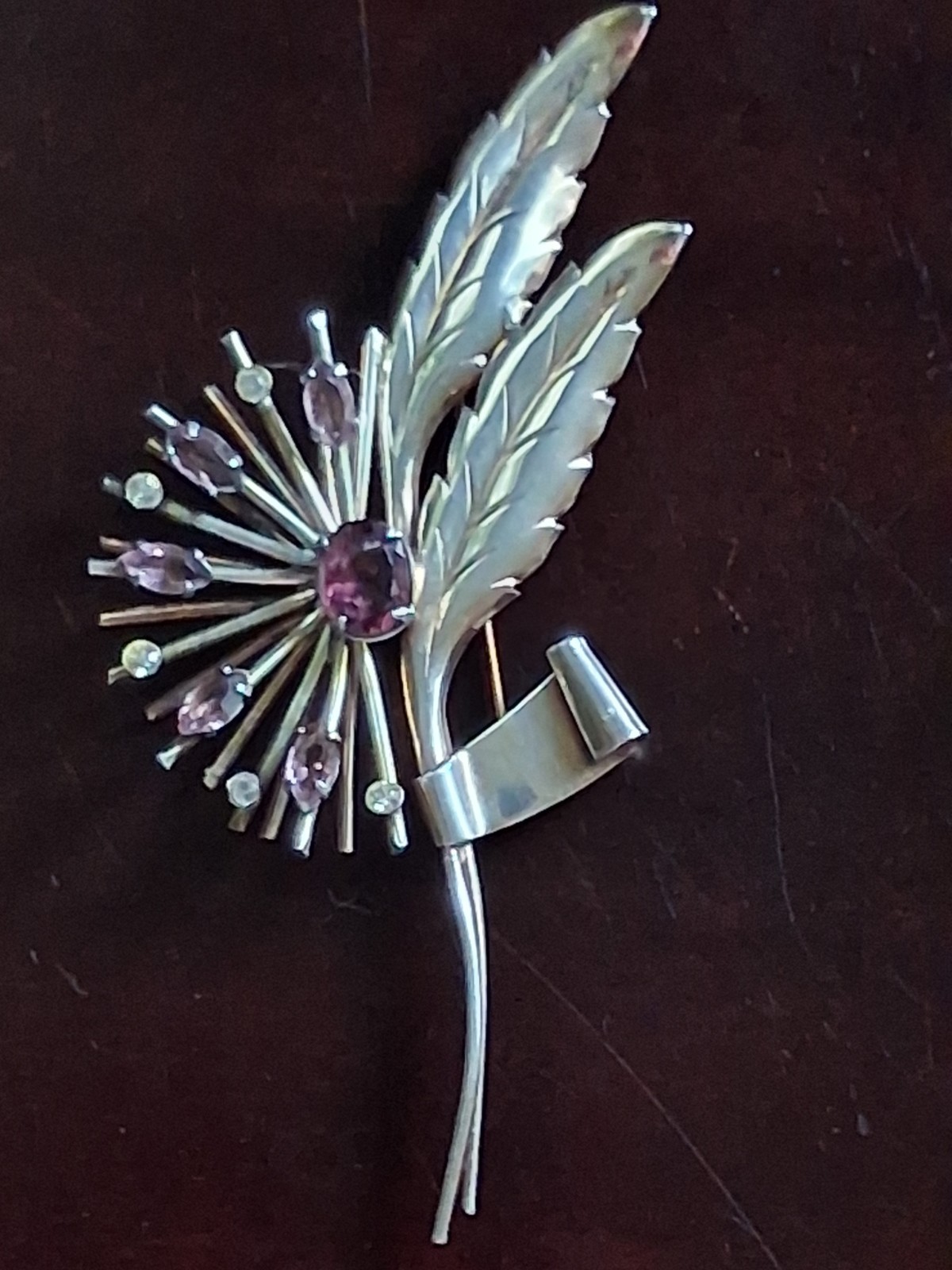 Vtg Late Art Deco Sterling Silver Oversize Amethyst MCM Brooch c1940-50?