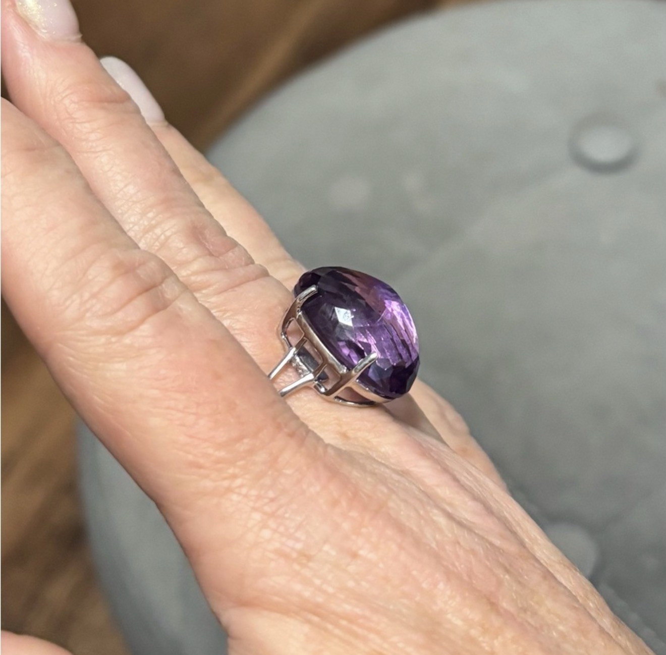 RARE! 30CT Natural Amethyst Reverse setting 925 Sterling Silver Ring Size 9