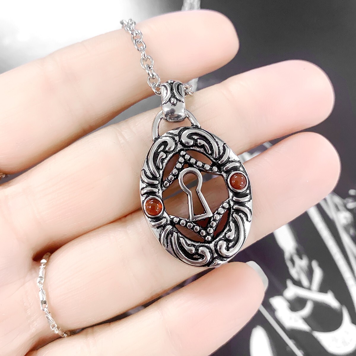 Keyhole necklace both side oval stainless steel pendant 4 Red Agate By Controse