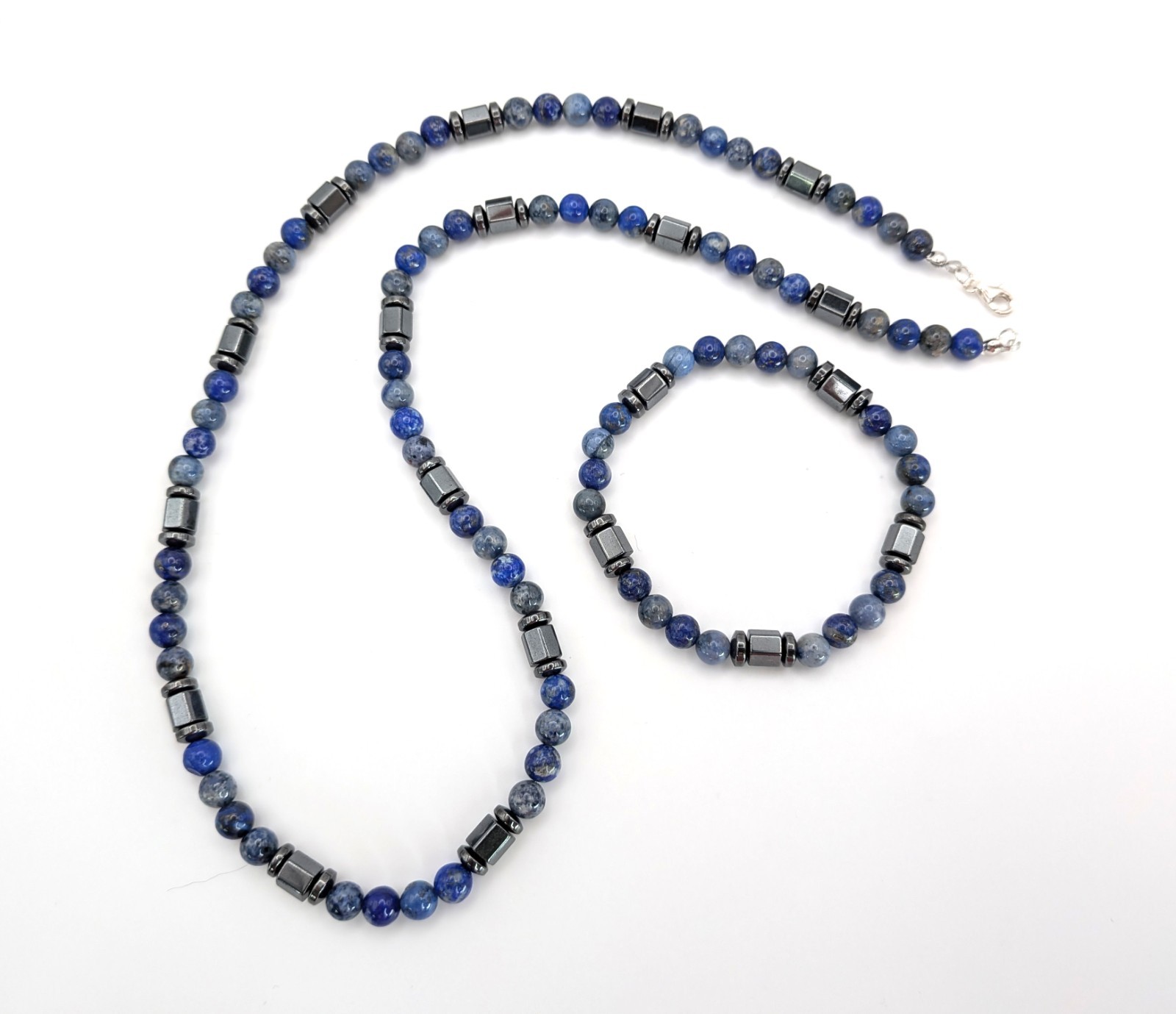 24″ Lapis Lazuli, Dumortierite, and Hematite Beaded Necklace and Bracelet Men’s