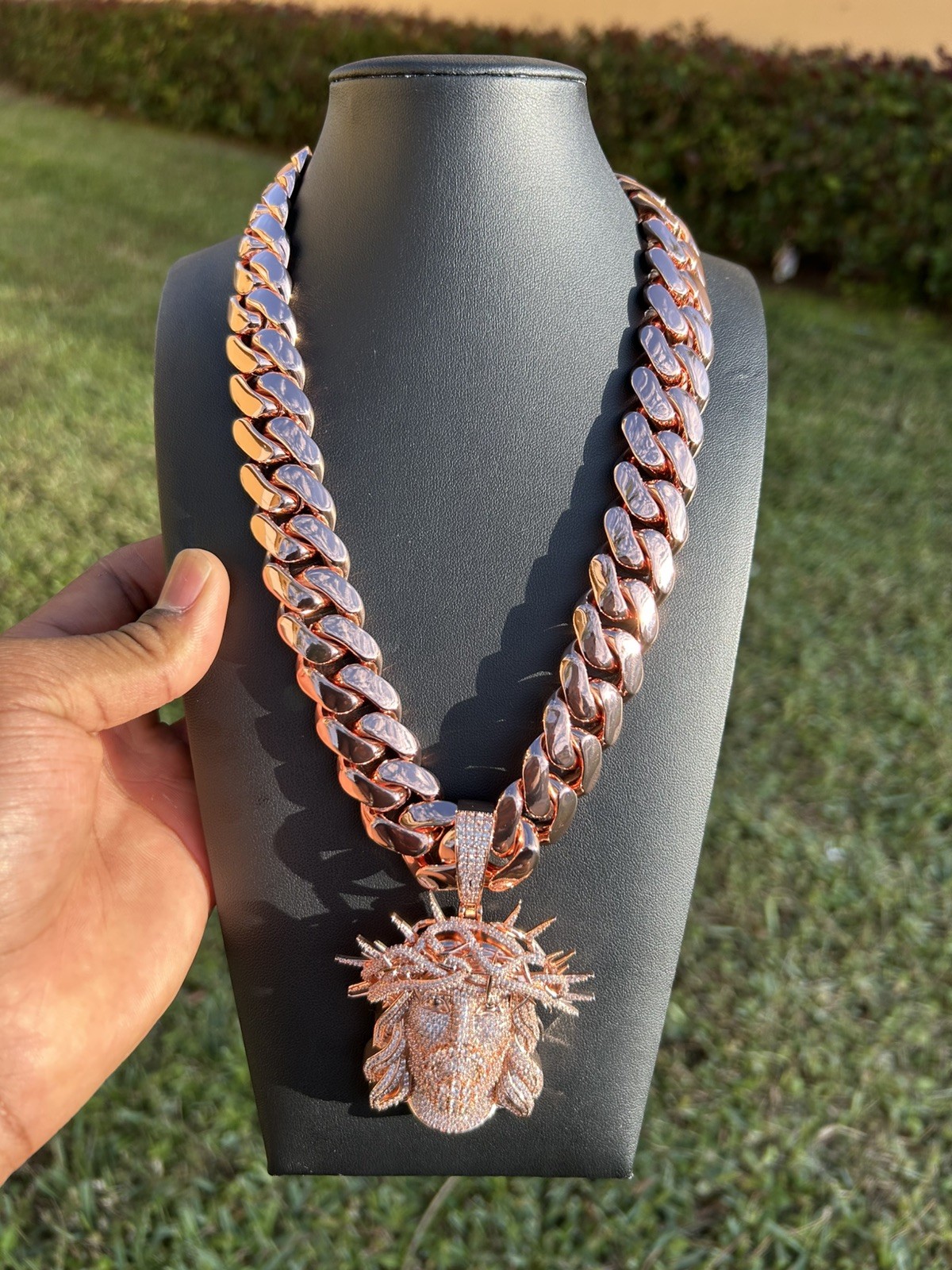 20mm Rose Gold Plated Miami Cuban Link & Jesus Thorn Crown Pendant 2 Piece