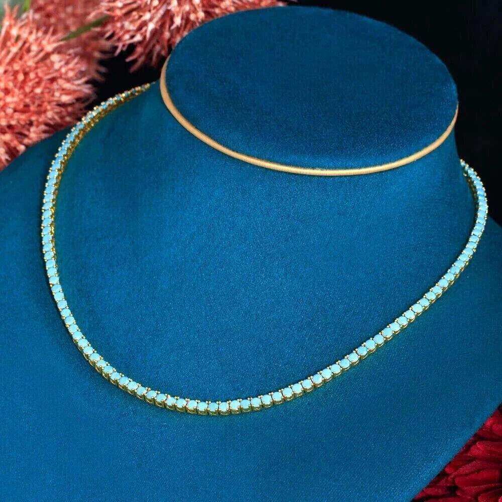 13CT Round Lab Created Turquoise Women’s Tennis Necklace 14K Yellow Gold Finish
