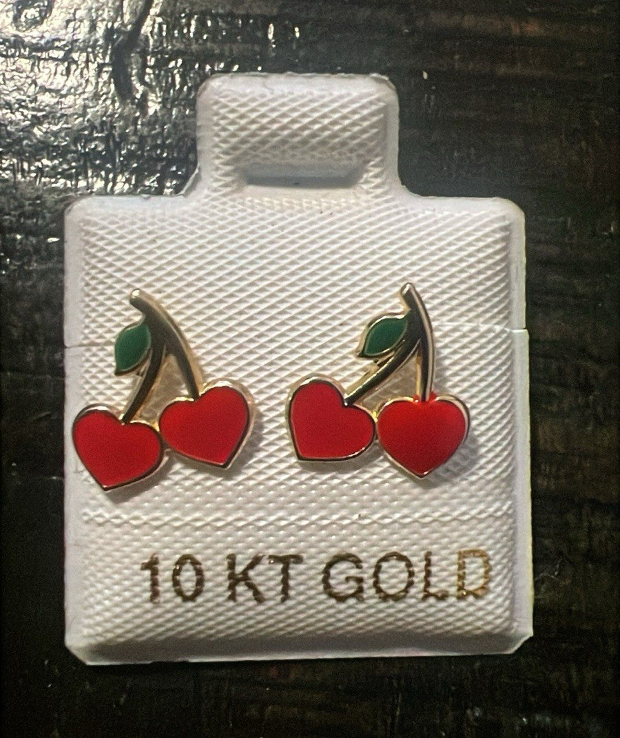 Genuine 10K Yellow Gold Enamel Cherry Stud Earrings Ball Back Red Green