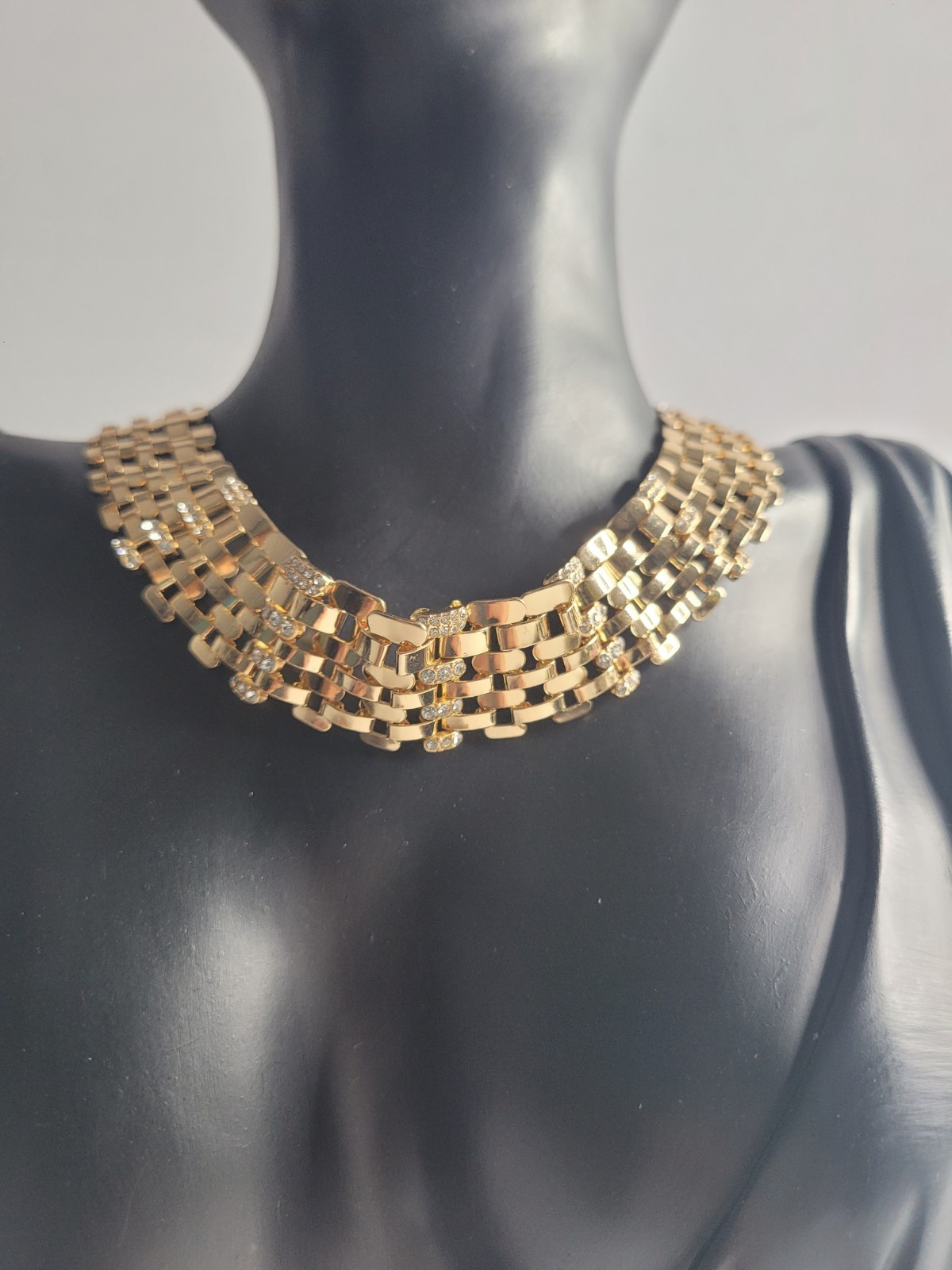 Gold Tone Multi Row Link Necklace Rhinestone Accent Statement Collar Bib Chunky