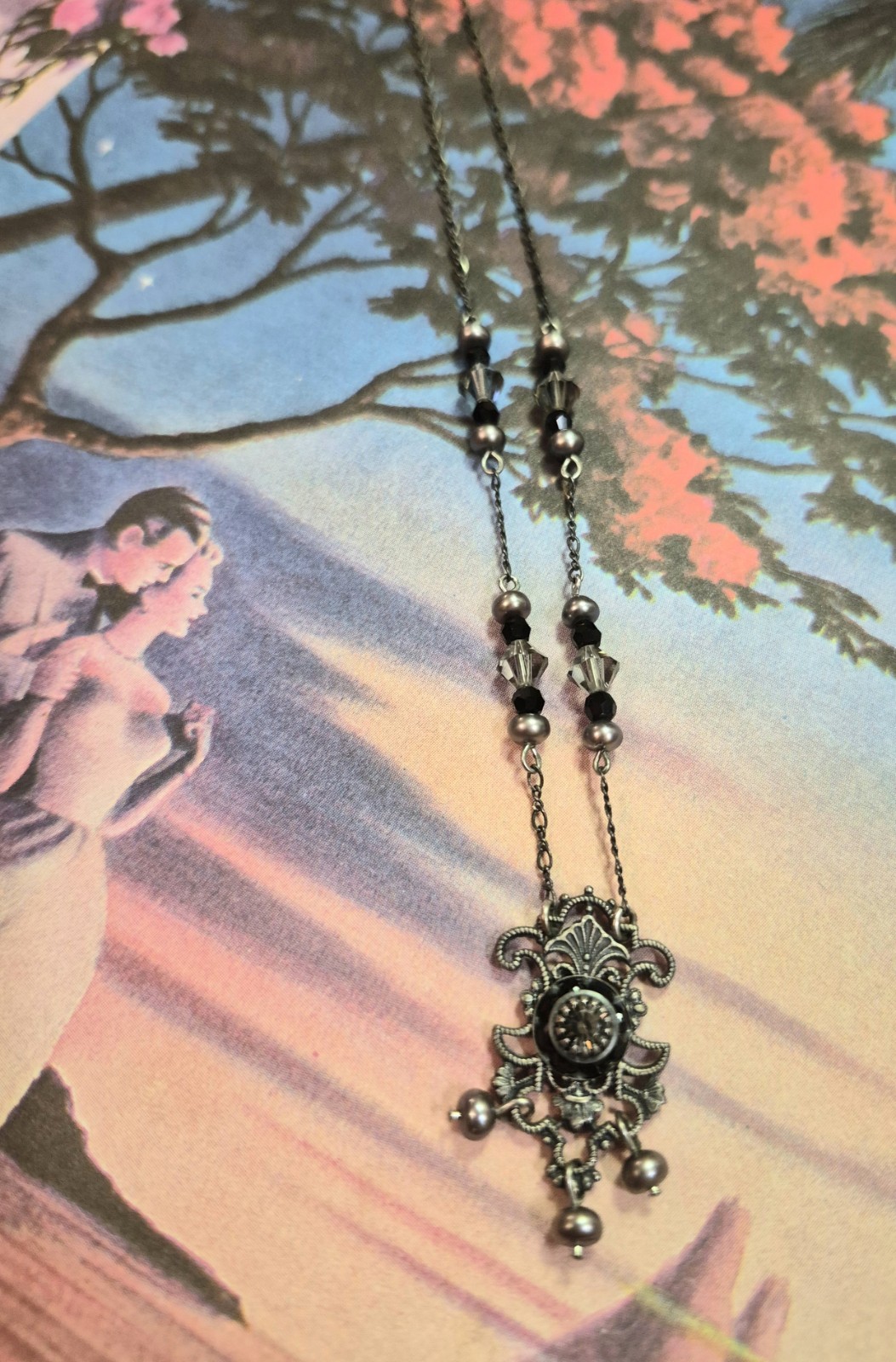 Vintage LIZ PALACIOS Necklace Dainty Crystal Pearl Black & Grey Delicate Signed