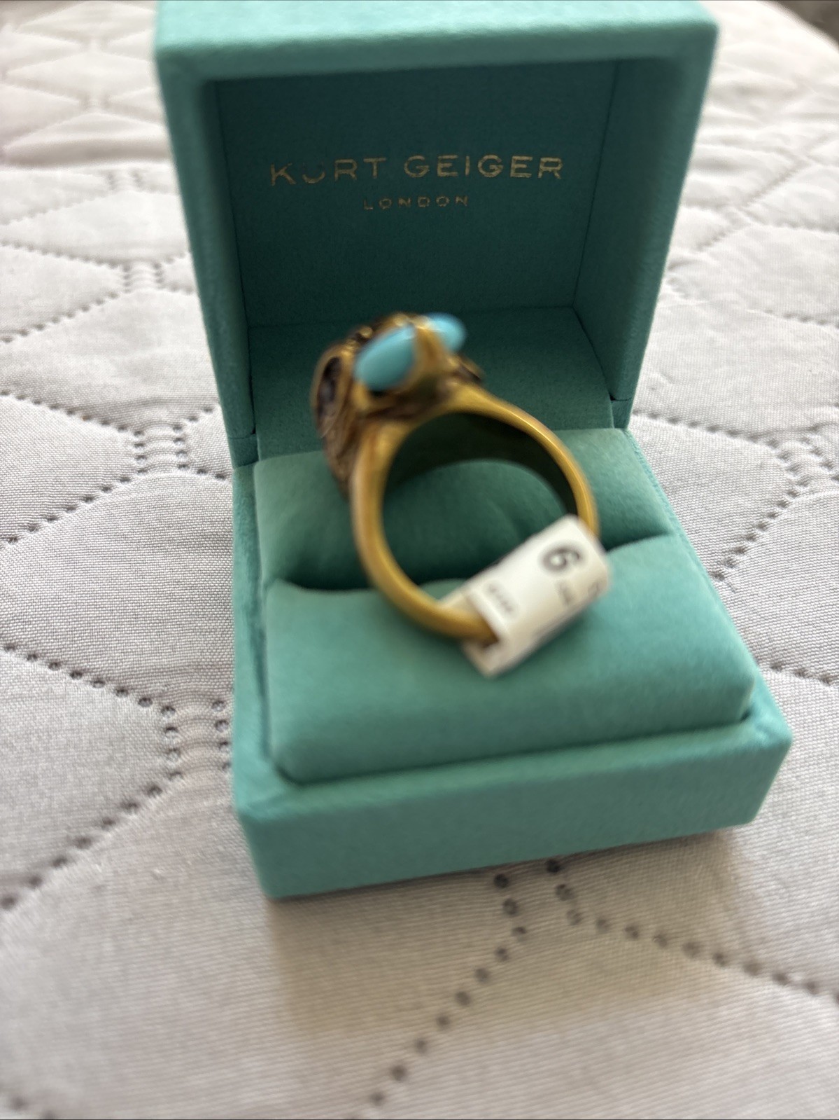KURT GEIGER LONDON ANTIQUED GOLD TONE EAGLE HEAD RING TURQUOISE 9 New In Box
