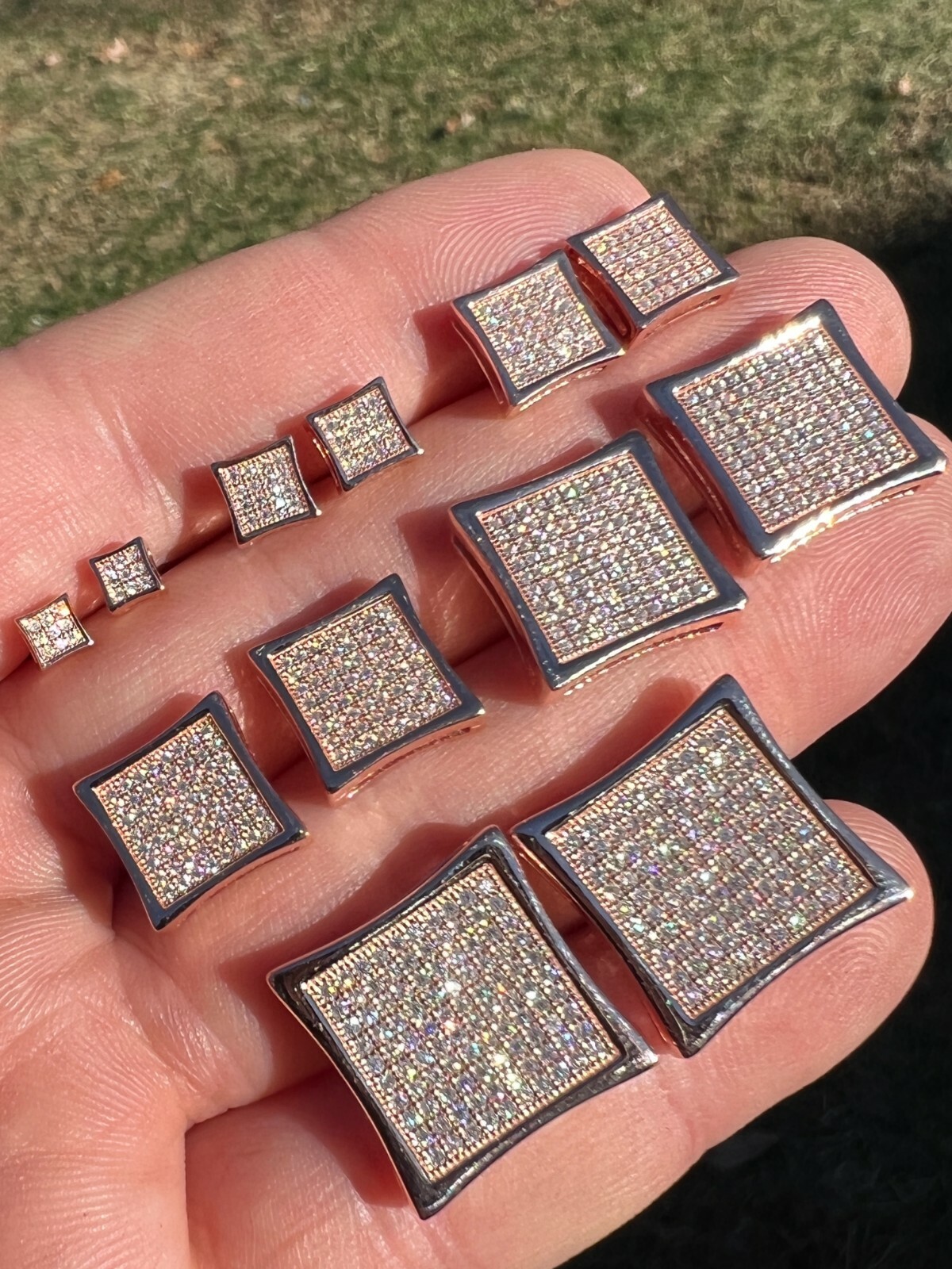 Square Kite Earrings Iced CZ Hip Hop Mens Ladies Real 14k Rose Gold Plated