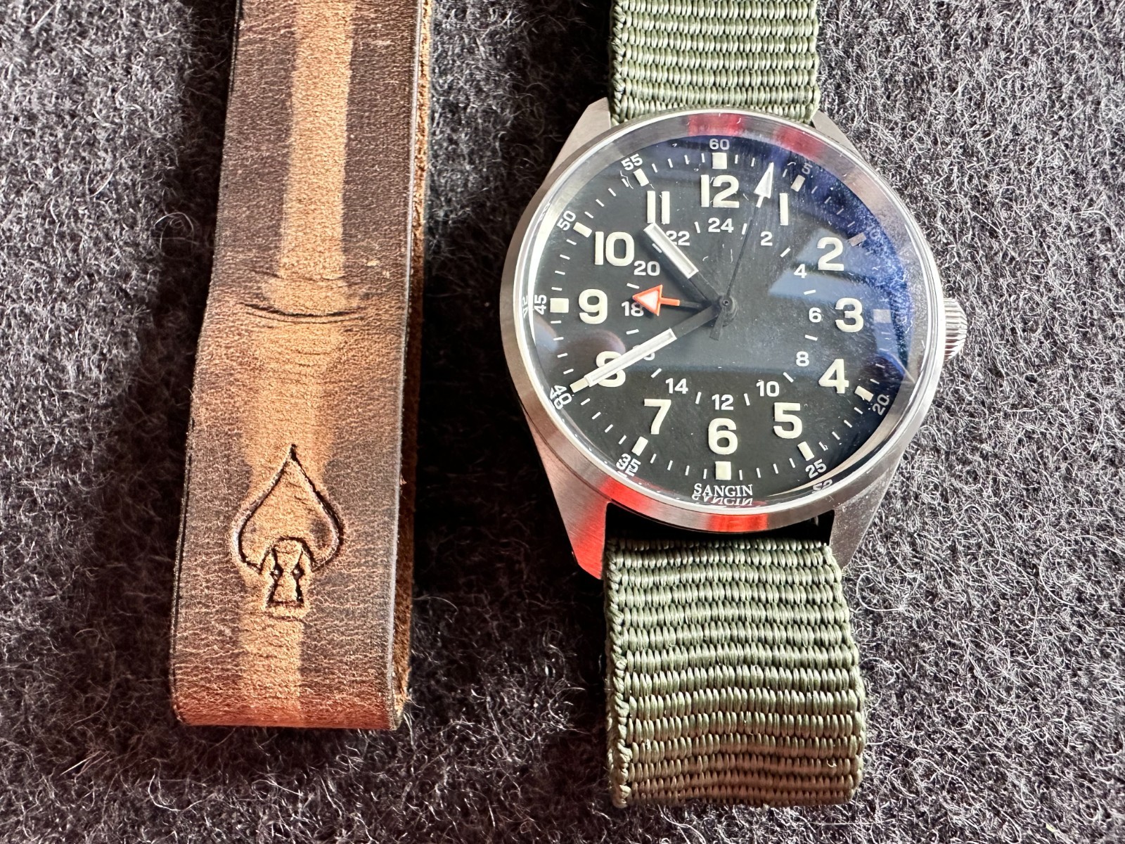 Sangin Instruments Overlord Brushed Field Watch, box, papers, WOE Strap