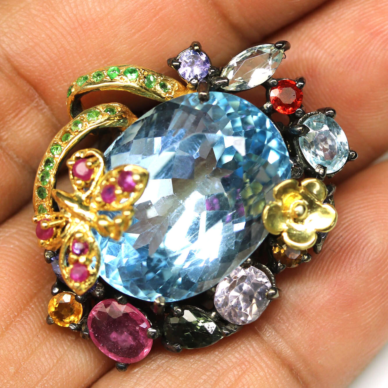 925 Silver Sky Blue Topaz, Zircon, Ruby, Tanzanite,.. Jewelry Ring Size 6.75